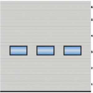 Industriport BxH 343x345cm med skinner for min. 20 cm fri overhøyde. RAL9002, 1 rad vinduer.